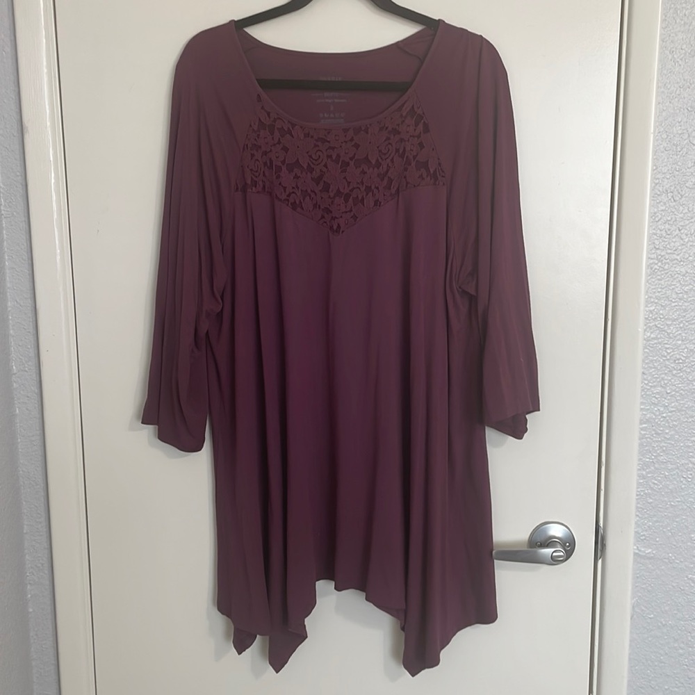 Super Soft Purple Wine Lace Inset Handkerchief Tunic Tee